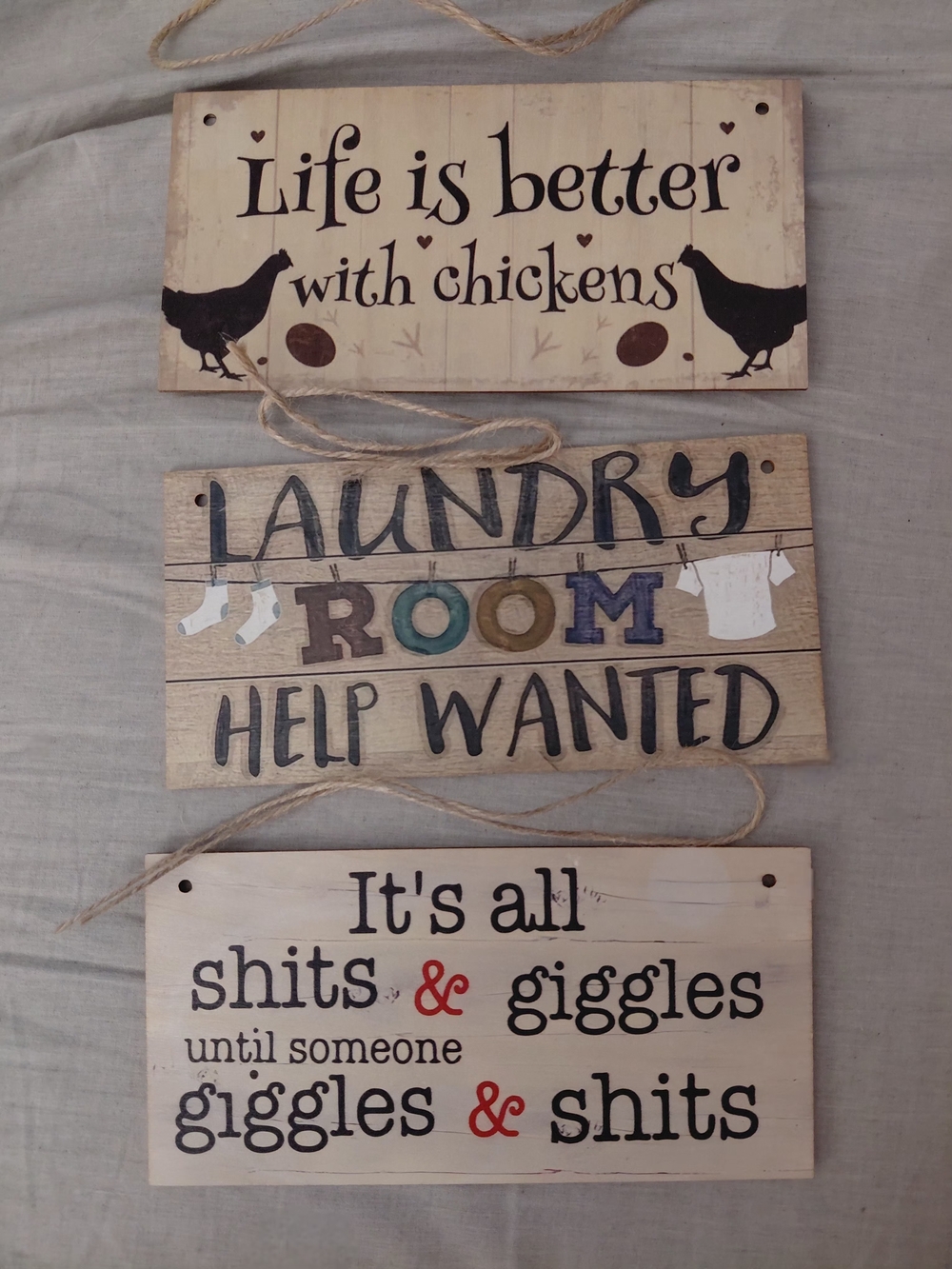 ​Bundle of 3 Funny Rustic Wood Hanging Signs Farmhouse Laundry Kitchen Decor